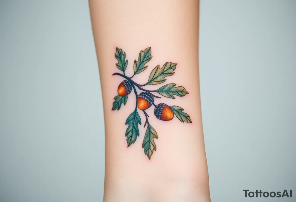 on the forearm an oak branch with thick leaves and acorns tattoo idea