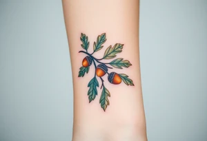 on the forearm an oak branch with thick leaves and acorns tattoo idea