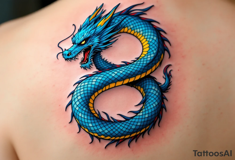 The design features a dragon coiled into the shape of the infinity symbol (sideways number "8"). The dragon is depicted eating its own tail, symbolizing eternity and continuity (Ouroboros-inspired).

Details:

The dragon's body should be slightly thicker for a more powerful and robust look.
Its vibrant blue scales should include subtle patterns in red and yellow, creating a striking contrast while maintaining elegance.
Style:

The dragon’s texture should remain smooth and glossy, emphasizing its detailed scales and flowing form.
The focus is entirely on the dragon, keeping the background minimalistic for a clean, modern aesthetic. tattoo idea
