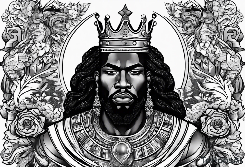 A black king surrounded by music tattoo idea