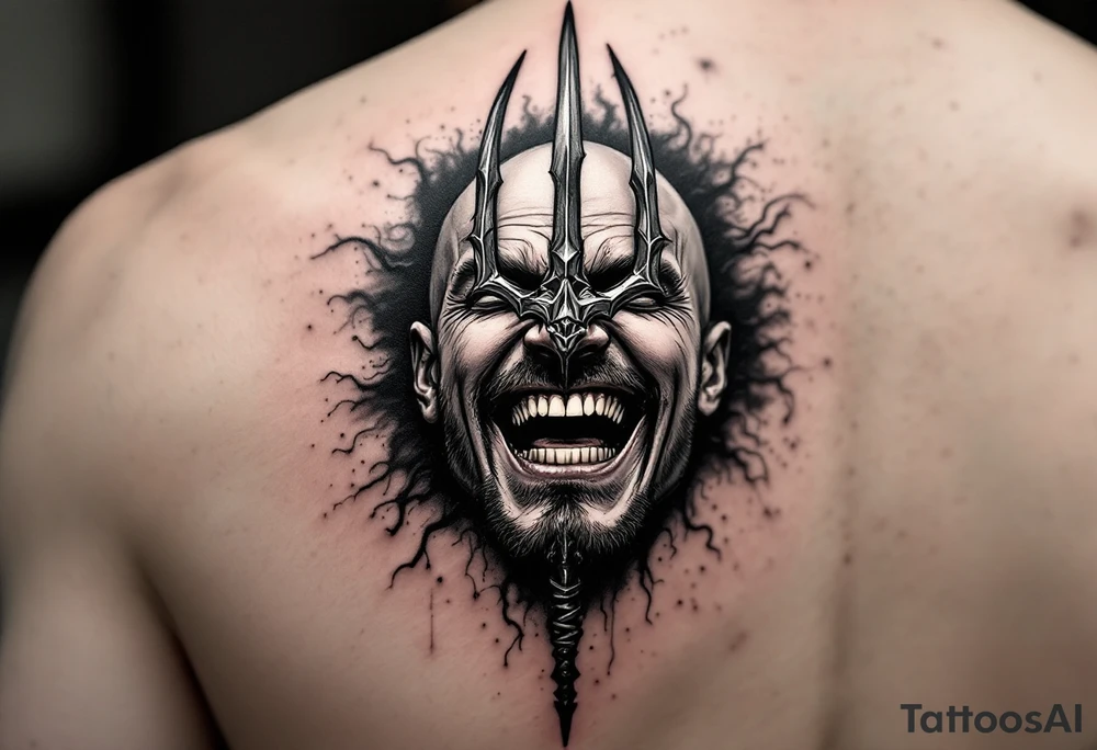 laughing man face behind trident tattoo idea