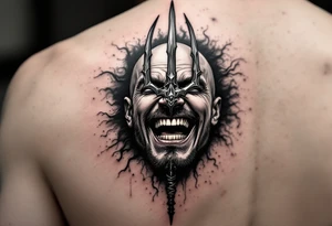 laughing man face behind trident tattoo idea