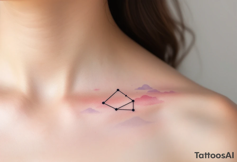 A soft pastel rendering of the Capricorn constellation on the collarbone, with pink and lavender clouds behind it. tattoo idea