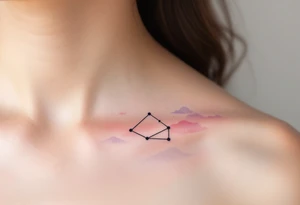 A soft pastel rendering of the Capricorn constellation on the collarbone, with pink and lavender clouds behind it. tattoo idea