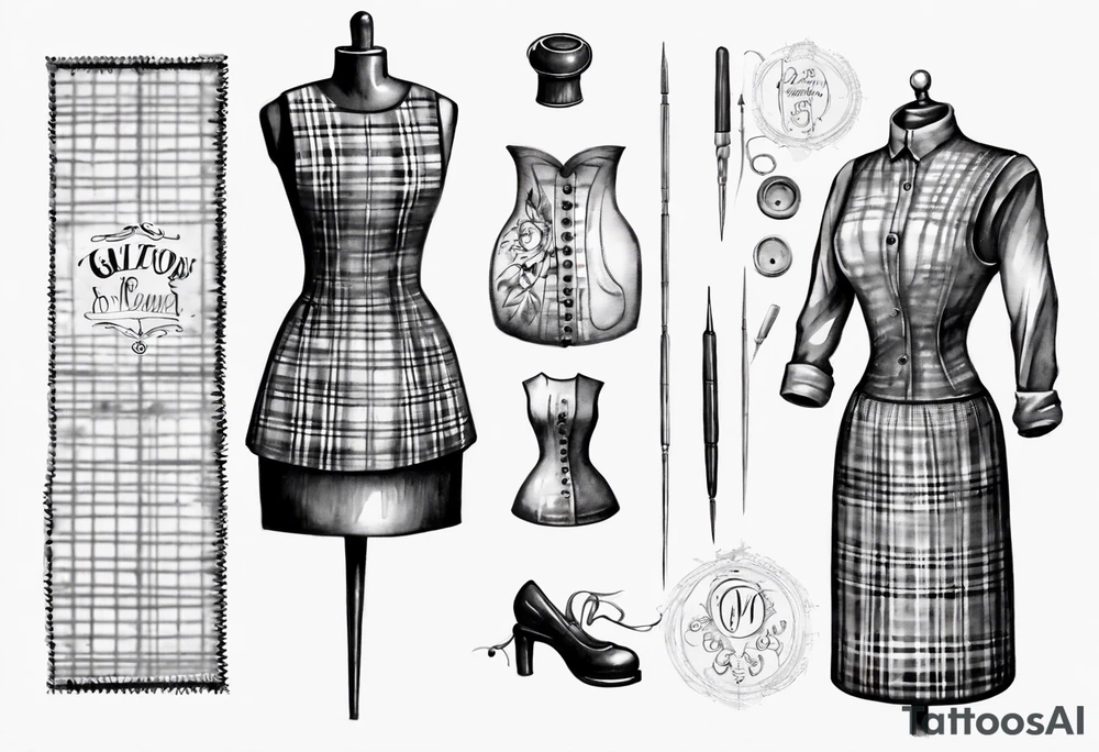 Tailor's mannequin in plaid woman's dress. Nearby a needle tracing two initials, plus a thimble. Dress Is composer by skirt and gilet. tattoo idea