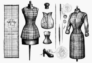 Tailor's mannequin in plaid woman's dress. Nearby a needle tracing two initials, plus a thimble. Dress Is composer by skirt and gilet. tattoo idea