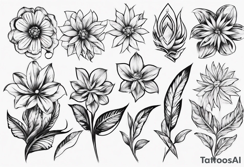 indigenous flower designs along with leaves and big flowers tattoo idea