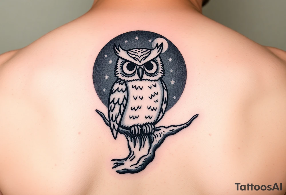 wise owl perched on ancient oak branch under starlit sky tattoo idea