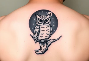 wise owl perched on ancient oak branch under starlit sky tattoo idea