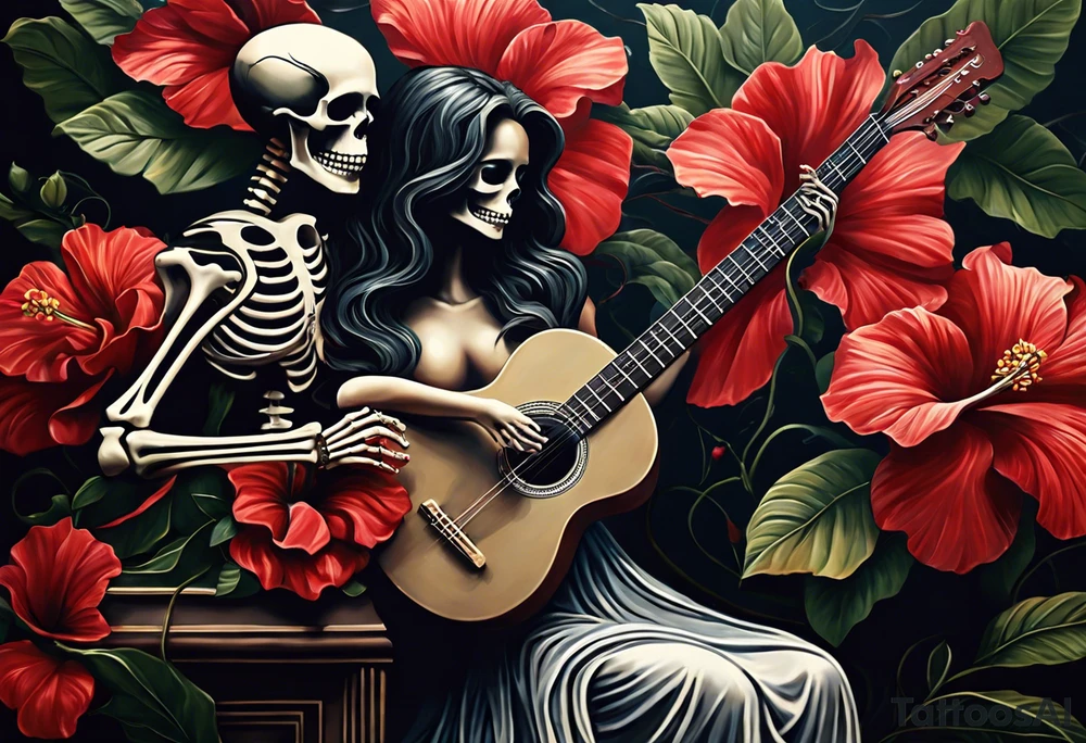 a female skeleton holding a hibiscus flower and a male skeleton playing a guitar. The scene should capture a moment of connection between the two, with the female skeleton attentively listening to the music played by the male skeleton. Emphasize the details of the hibiscus flower,  and the fluidity of the music being played on the guitar. tattoo idea