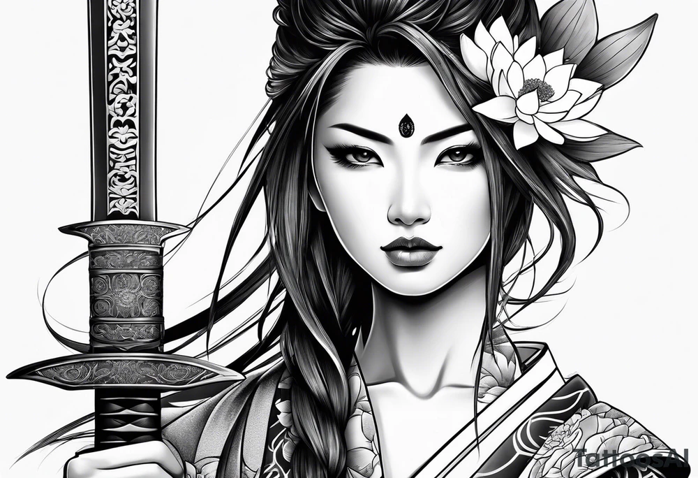 Japanese woman samurai swords lotus flowers neotribal tattoo idea