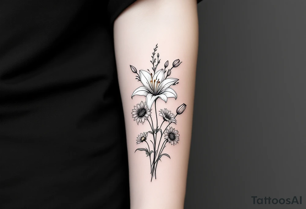 Dainty Stargazer lillies with small sunflowers and tulip buds in a dainty wildflower bouquet with stems tattoo idea