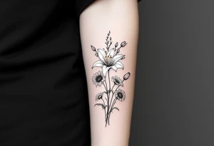 Dainty Stargazer lillies with small sunflowers and tulip buds in a dainty wildflower bouquet with stems tattoo idea