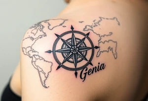 antique compass rose overlaid on weathered world map with name Genia tattoo idea