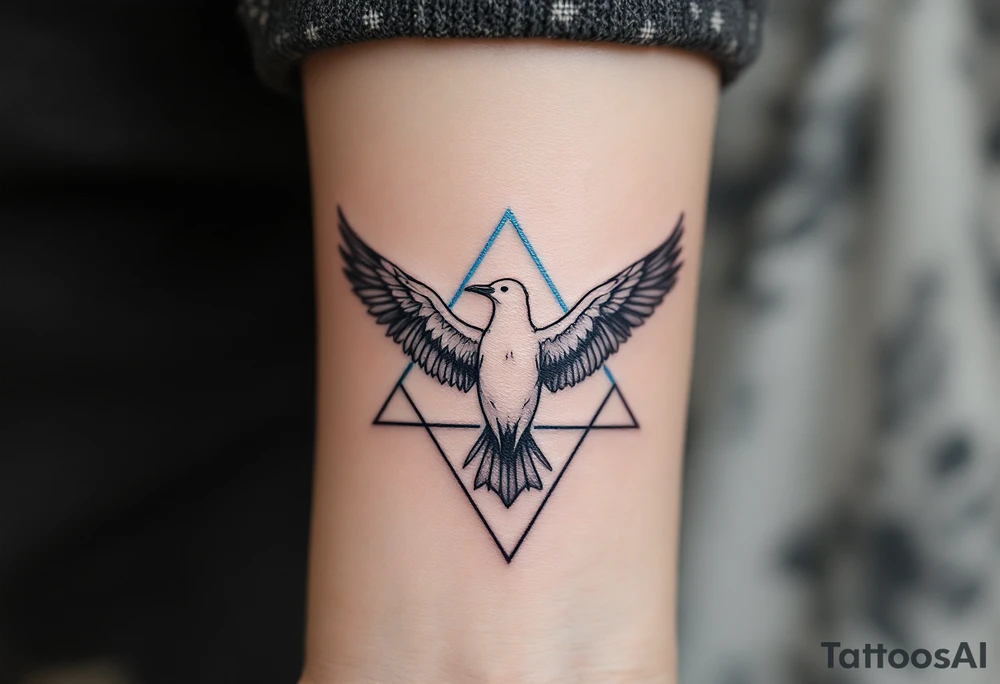 Geometric Albatross Tattoo – A stylized albatross with wings spread inside a geometric diamond or triangle frame, using grayscale ink with light blue linework. tattoo idea