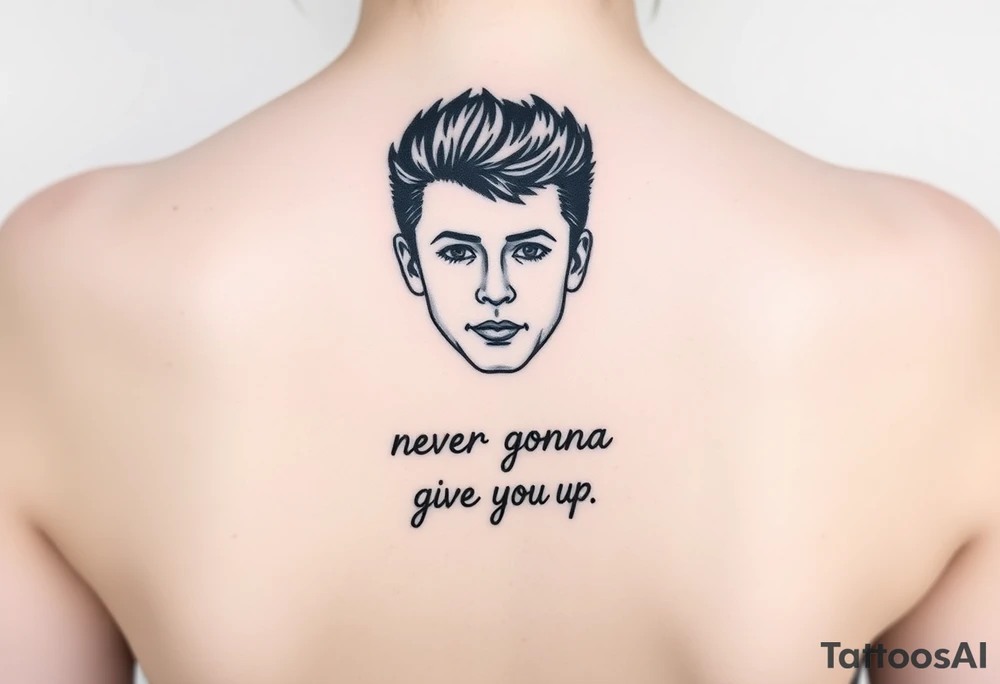 Rick Astley Face and Never Gonna Give You Up text tattoo idea