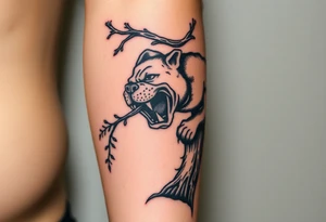 bulldog biting branch hanging from tree medieval woodcut tattoo idea