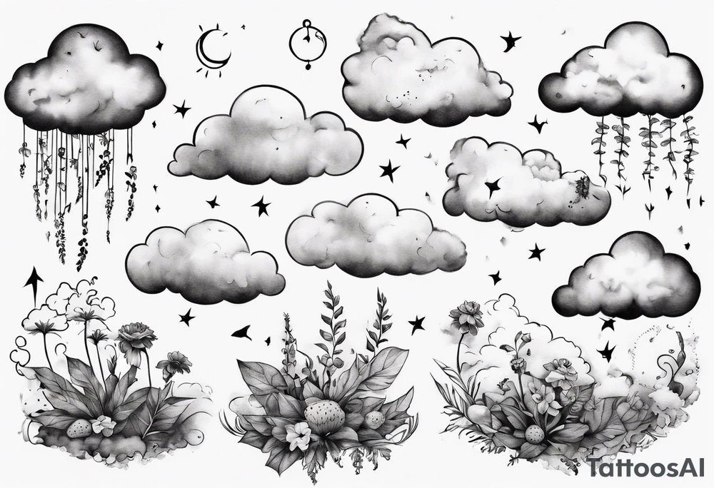 clouds with little plants and the date 12.08.05 tattoo idea
