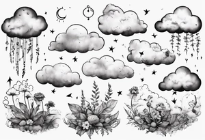 clouds with little plants and the date 12.08.05 tattoo idea
