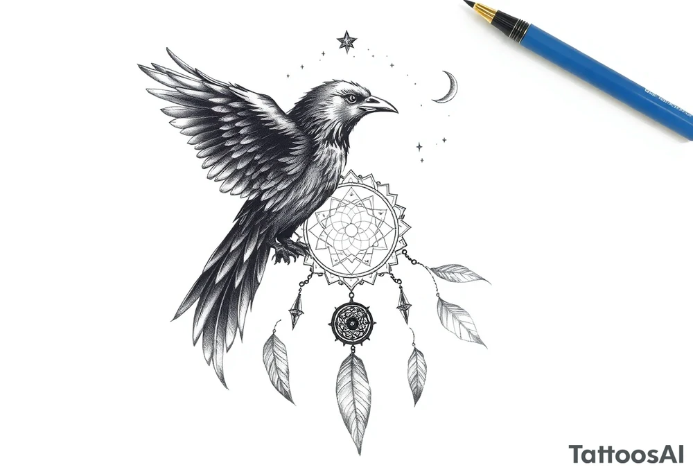 Raven dream catcher milky way moon shooting star tattoo idea