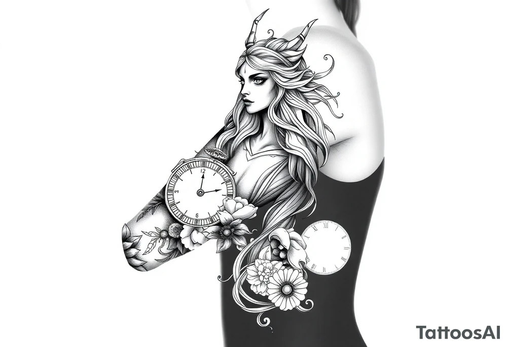 powerful Greek Goddess tattoo sleeve. add big pieces of greek goddess like medusa and Athena and add some piece in there of the weight scale and clocks and maybe little lettering in there. make it not super dark work use Pinterest inspiration. make it’s not covering the entire arm most of it but not fully covered add multiple greek goddess not just one tattoo idea