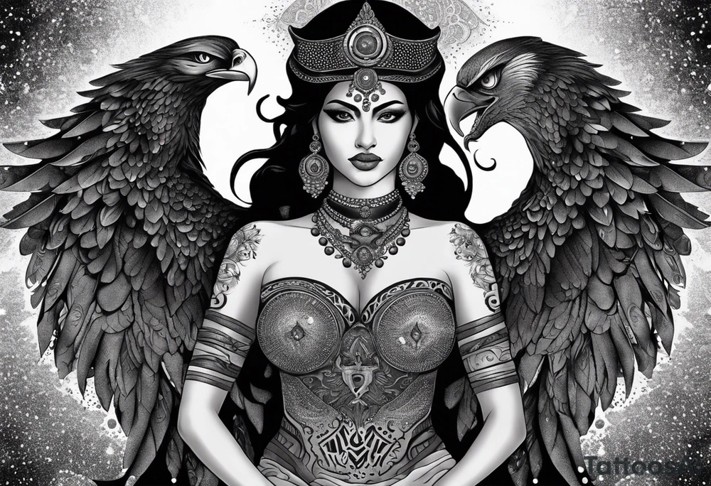 black kali, goddess pirate, alien, angel, pachamama, valkrye, warrior, flying, skull, lotus azul, wing, eagle, zenza resonance, stars, 5D, anahata chakra, death, durga, riding on a tiger, flying lady, kundalini, chest tatoo, samuri, rebel,serpent tattoo idea