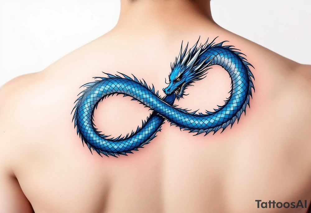 The design features a dragon, coiled in the shape of the infinity symbol (sideways number "8"). The dragon is depicted eating its own tail, symbolizing eternity and continuity, inspired by the Ouroboros.

Details:

The dragon's body has vibrant, glossy blue scales, with a smooth and polished texture.
It maintains a clean, balanced shape in the infinity figure, with sharp details and elegant flow.
Style:

The focus remains on the dragon's form, with no additional background elements to keep the design minimal and modern. tattoo idea
