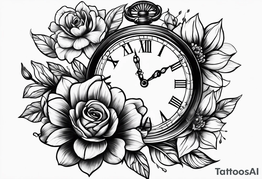 Flowers and clock tattoo idea