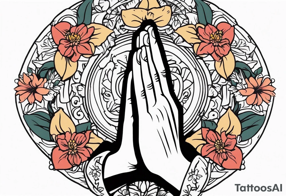 praying hands

old school vintage simple traditional design with vintage flowers surrounding
bold color simple tattoo idea