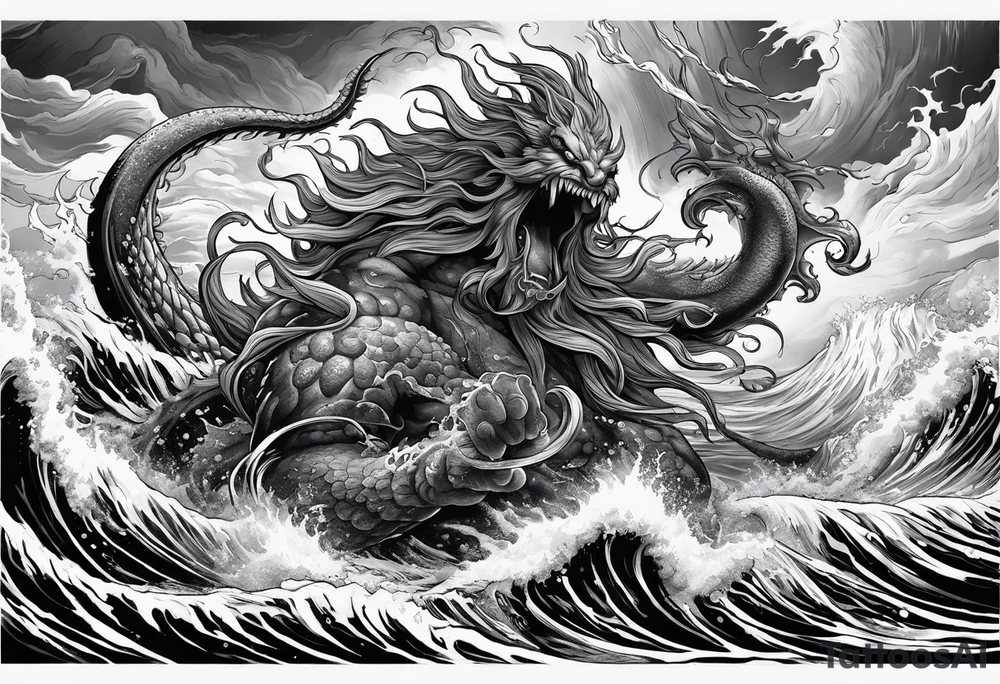 A kraken monster underwater ensnaring Poseidon as he thrust his trident into the beast. Turbulent storm with lightning & waves crashing tattoo idea
