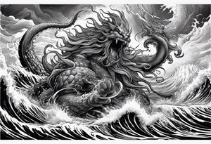 A kraken monster underwater ensnaring Poseidon as he thrust his trident into the beast. Turbulent storm with lightning & waves crashing tattoo idea