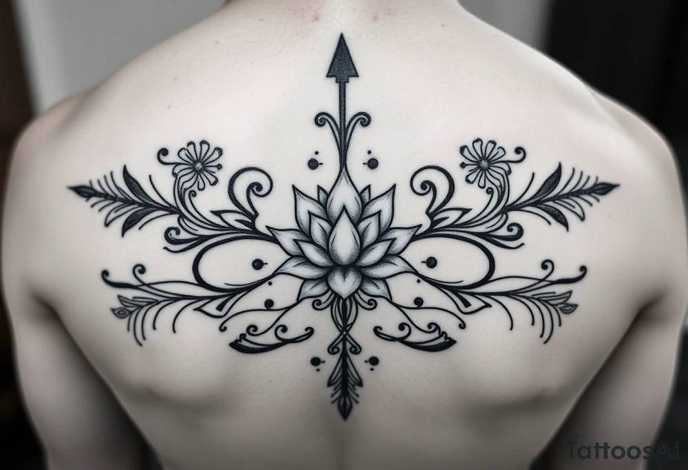 spine tattoo design with symmetrical ornamental patterns, combining dotwork, mandala elements, and flowing lines that follow the natural curves of the body with tribal-inspired lower back tattoo with sweeping symmetrical curves, bold linework, and soft floral accents, creating a feminine yet powerful aesthetic. The design is intricate and balanced. to cover up a dark arrow with lotus flower in middle tattoo idea