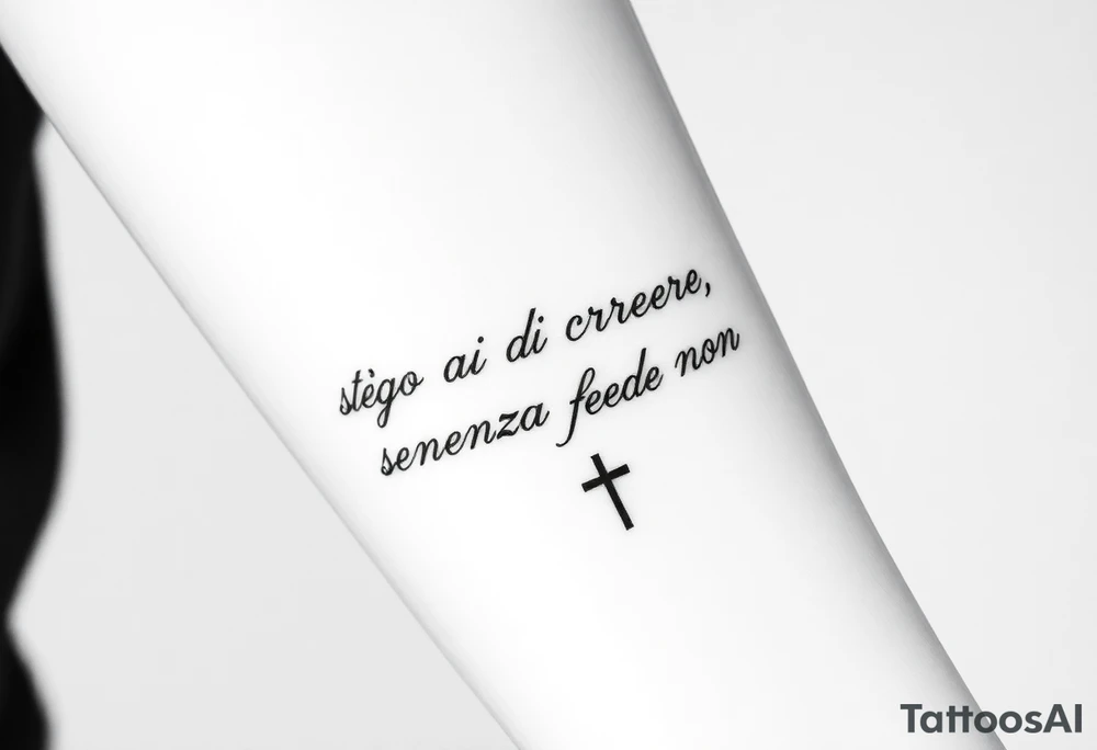 I want a tattoo with the quote “Scelgo di credere, perché senza fede non ho nulla.” Before the quote, I want a small cross. I’d like it to be written in a handwritten, elegant font on a single line, slightly curved to follow the shape of the placement. I want to place it on the lower part of my forearm, from the wrist toward the elbow. tattoo idea