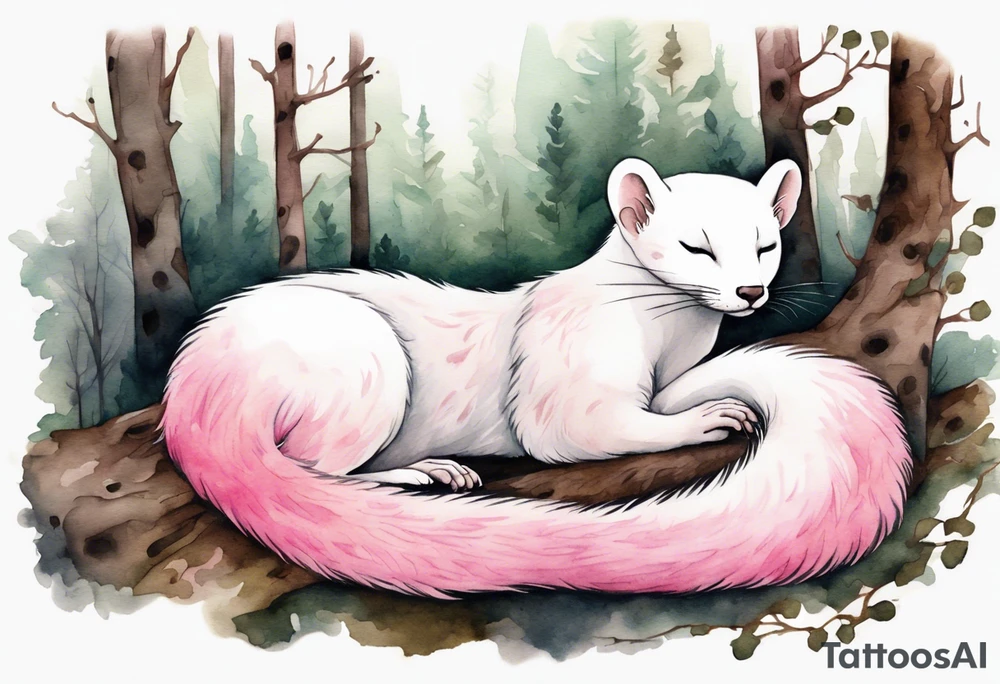 watercolor of an ermine covered in pink fur sleeping in a forest tattoo idea