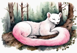 watercolor of an ermine covered in pink fur sleeping in a forest tattoo idea