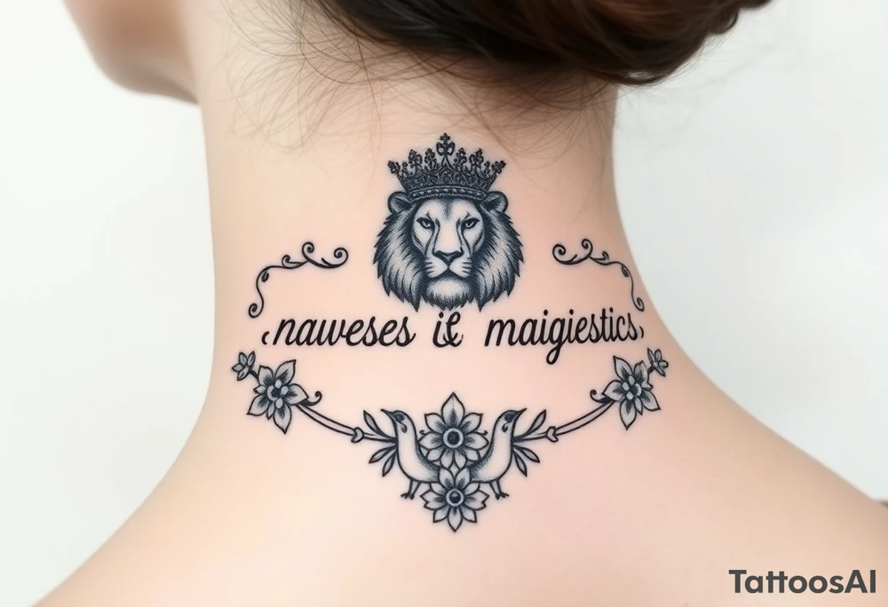 powerful majestic lion with a crown, surrounded by floral ornaments and birds tattoo idea