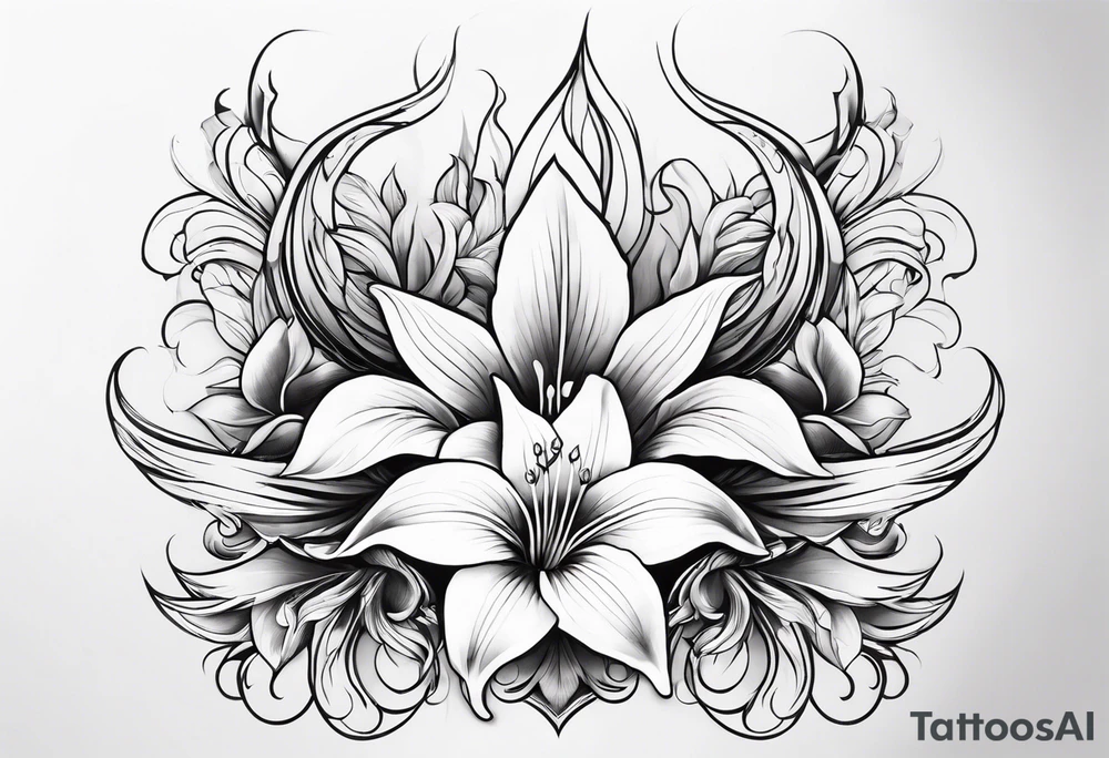 a fenix tattoo with flames and that blooms with madonna lily's for the back tattoo idea