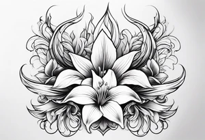 a fenix tattoo with flames and that blooms with madonna lily's for the back tattoo idea