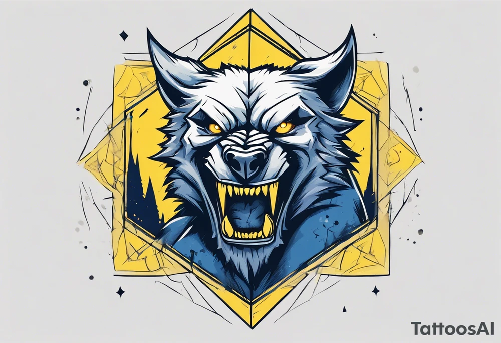 A large 20 sided Dice in the center and the front with numbers on the dice and wolverine claw marks framing the area underneath the dice and a werewolf howling at the moon in the background, and blue and yellow faded background color tattoo idea