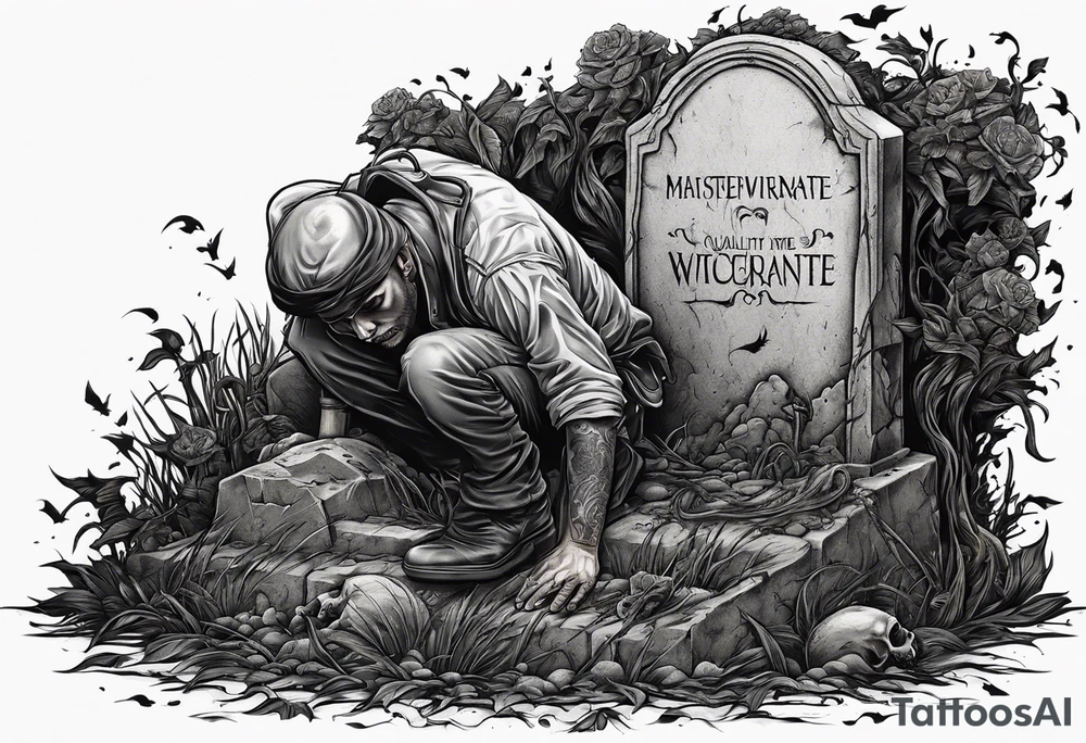 Man crawling out of grave. 
MIW Reincarnate written on gravestone tattoo idea