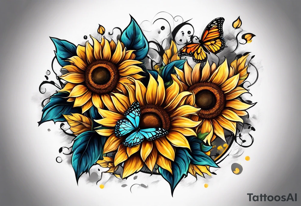 Arm sleeve with sunflowers and butterflies tattoo idea