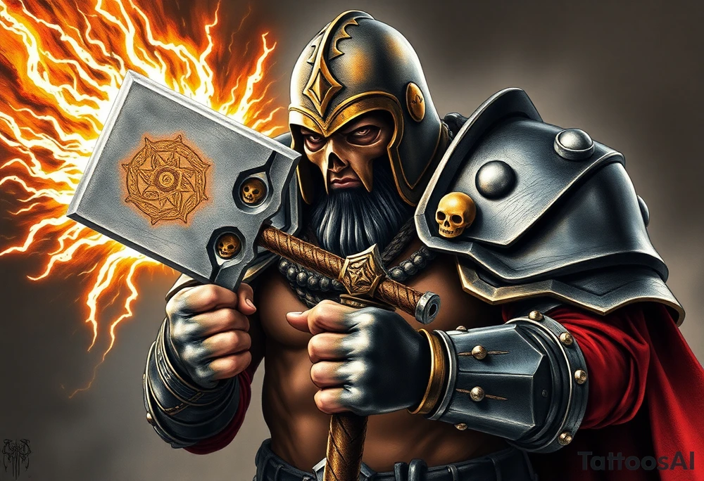 Warhammer, the Old World. A warrior priest of Sigmar holding The Warhammer of Sigmar. The Warhammer of Sigmar is radiating thunderous energy. The Warhammer is held by the warrior priest with both hands at the handle with a firm grip inorder to contain its unlimited energy, upon his chest level. The Warrior priest is wearing dark alloyed heavy armour (reference armor from warhammer vermintide 2 Victor Saltzpyres, the warrior priest of Sigmar class) with skull sigils on his shoulder pads. The warrior priest is wearing a helmet, while the helmets front visor has an humanoid face covering. The helmet and armour are gladened with hints of gold and crimson red. The Warhammer is silverish and golden with a long handle tattoo idea