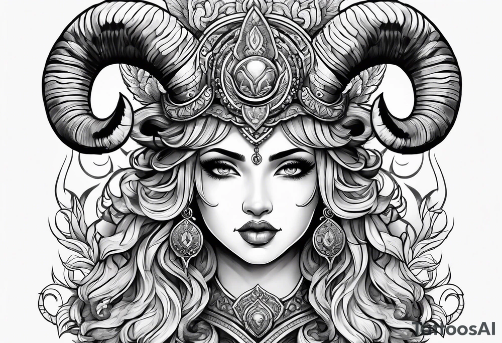 Aries goddess with ram horns tattoo idea