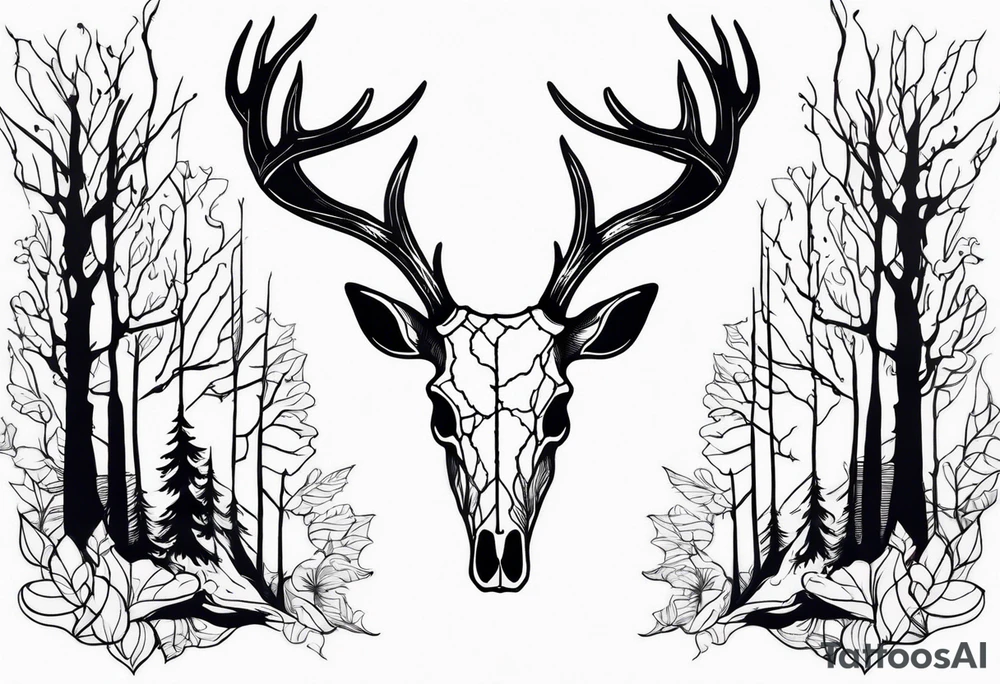 A side view of decayed deer skull surrounded by trees and fire tattoo idea