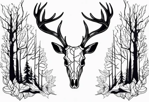 A side view of decayed deer skull surrounded by trees and fire tattoo idea