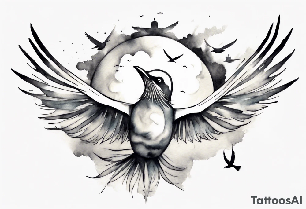 a shoulder round shape tattoo with lots of rays of light in gradient starting from the middle, birds flying free between clouds tattoo idea