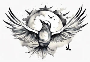 a shoulder round shape tattoo with lots of rays of light in gradient starting from the middle, birds flying free between clouds tattoo idea