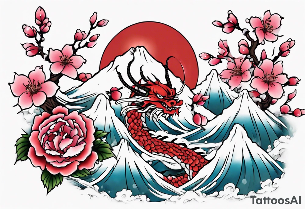 Japanese floral cherry blossom and snow mountains back ground filler for traditional Chinese dragon and great waves and rose and butterfly tattoo tattoo idea