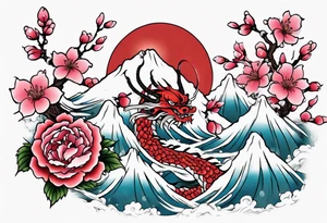 Japanese floral cherry blossom and snow mountains back ground filler for traditional Chinese dragon and great waves and rose and butterfly tattoo tattoo idea