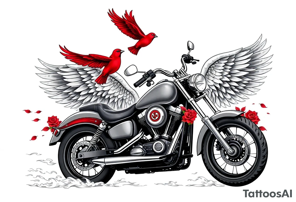Harley grey motorcycle driving away, two red birds flying, roses, flames, angel wings tattoo idea
